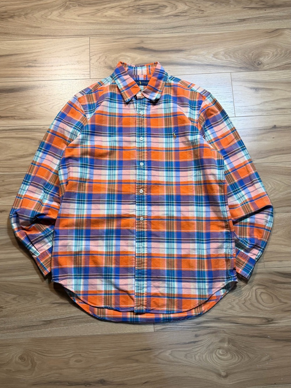 Orange and Blue Plaid Men's Button-Down Shirt